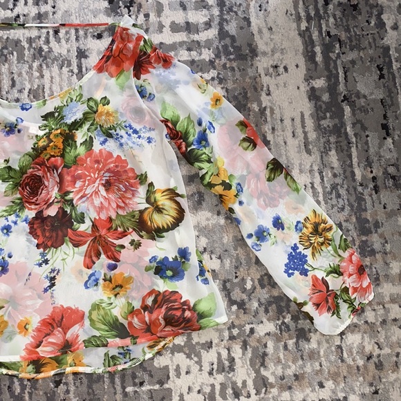 A’gaci Womens Floral Print Sheer Long Sleeve White Blouse Size Large - Picture 2 of 6